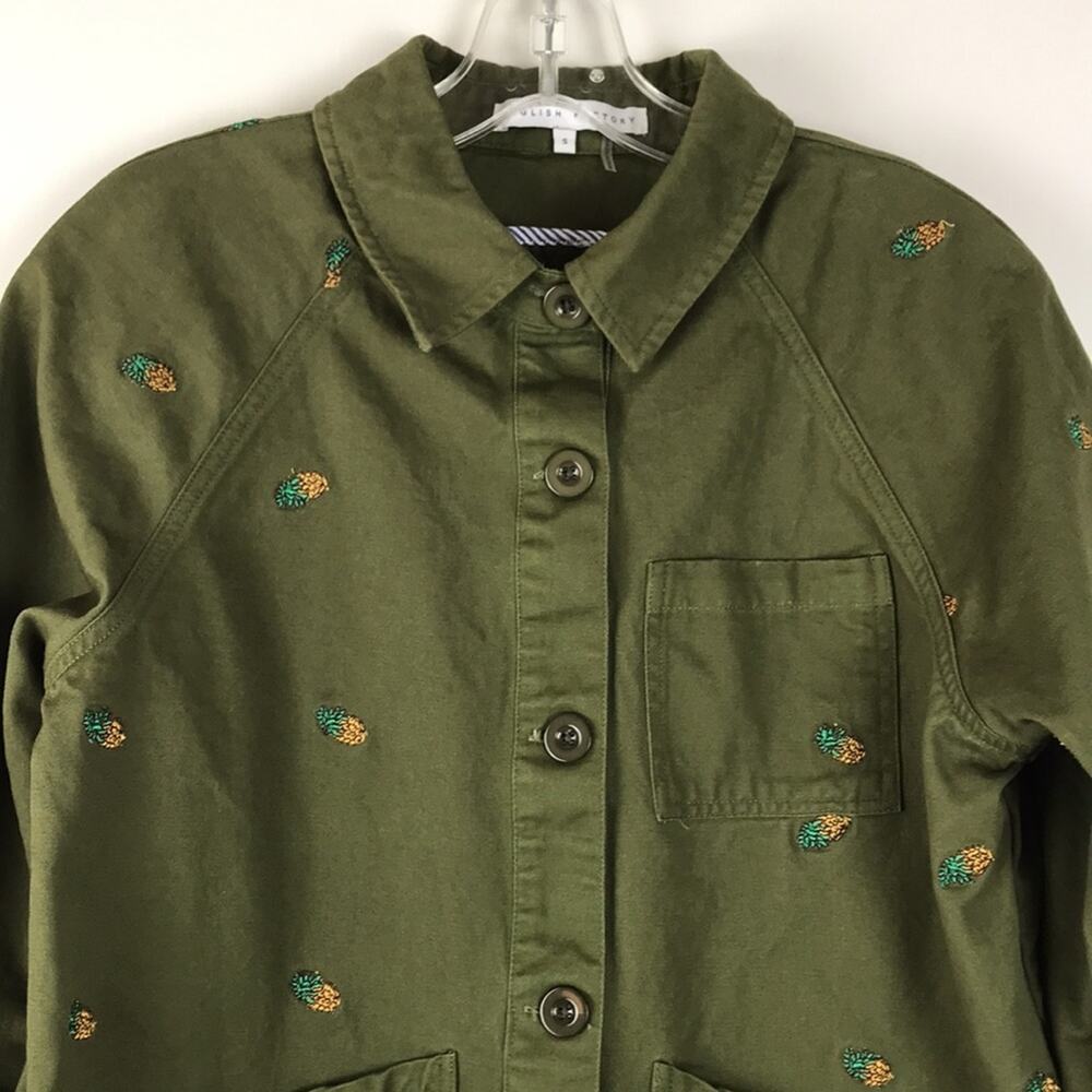 Anthropologie English Factory Pineapple Embroidered Utility Jacket Green Pockets - Picture 2 of 14